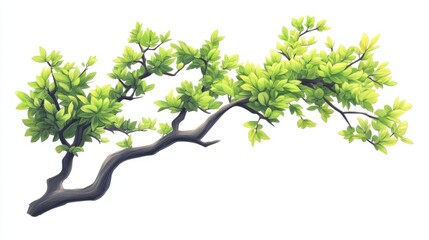 Obraz premium Cartoon illustration of a tree branch with vibrant green leaves set against a clean white background serving as a design element