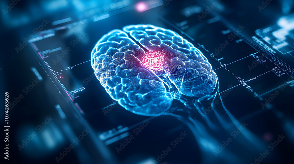 Poster a detailed digital depiction of a brain, showcasing neural activity and advanced technology in monit