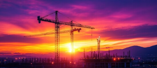 Fototapeta premium Construction cranes silhouetted against a vibrant sunset sky.