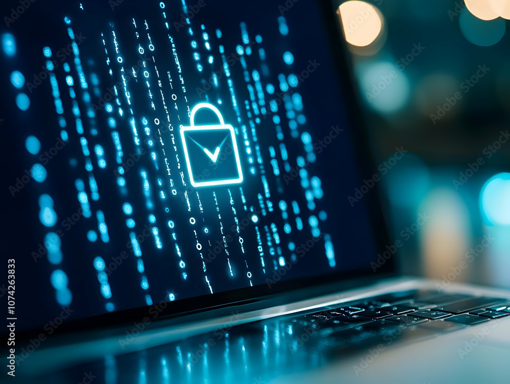 Poster a digital lock symbol on a laptop screen, representing cybersecurity and data protection in a modern
