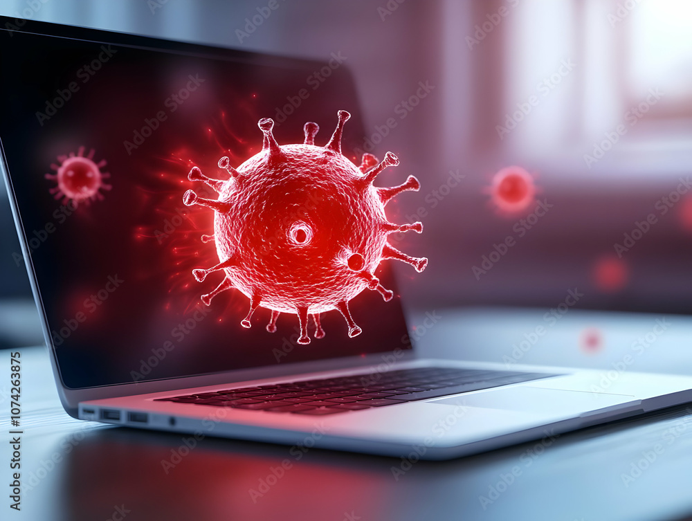 Poster a digital representation of a virus prominently displayed on a laptop computer, emphasizing cybersec