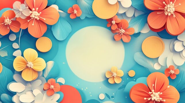 2D cartoon illustration featuring a decorative frame with retro circles and flowers