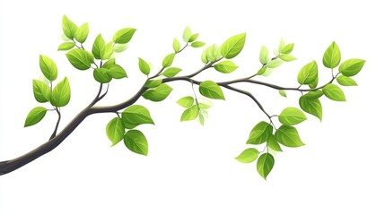 Obraz premium Cartoon illustration of a tree branch with vibrant green leaves set against a clean white background serving as a design element