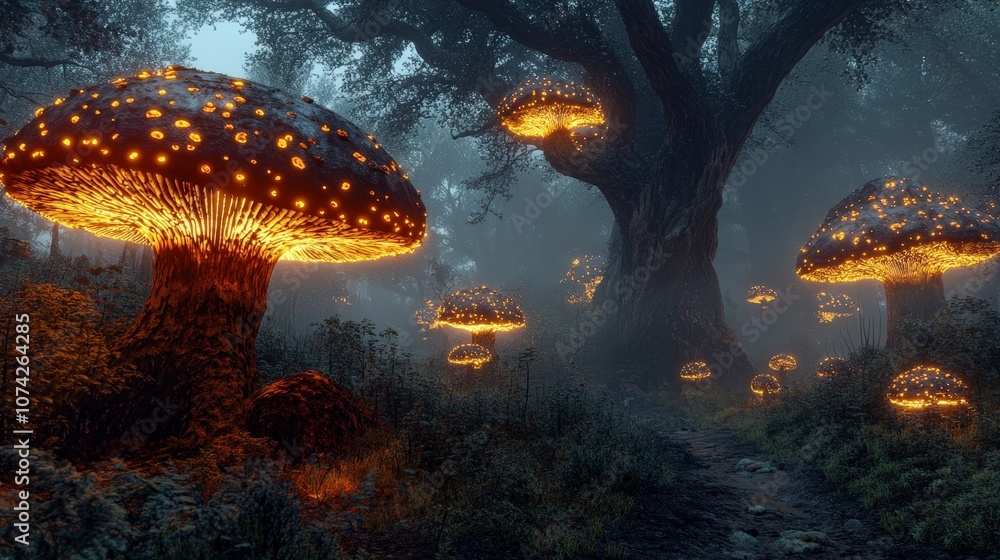 Poster enchanted forest with glowing mushrooms surrounded by mystical fog and majestic trees under soft moo