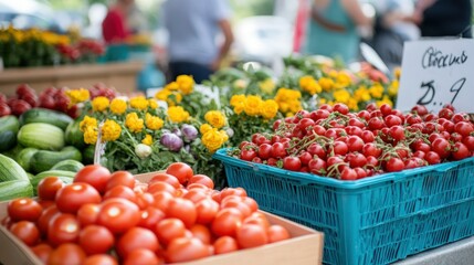 Fresh Tomatoes and Cucumbers at a Market Stall