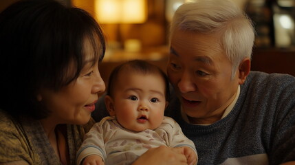 両親に抱かれて笑顔のアジア系の赤ちゃんの画像