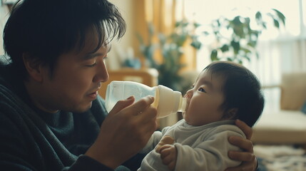 アジア系の父が哺乳瓶を使ってミルクを赤ちゃんに与えている画像