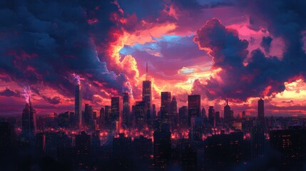 Fototapeta premium City skyline at dusk with illuminated buildings and vibrant clouds in the sky