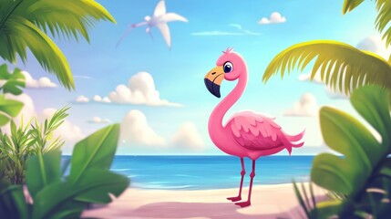 Fototapeta premium Cute pink flamingo 2D cartoon illustration