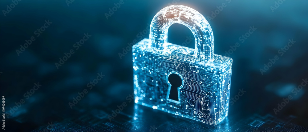 Poster a glowing digital padlock symbolizing cybersecurity and data protection in a modern digital environm