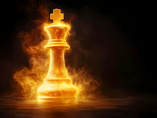 A glowing chess king piece surrounded by vibrant flames, symbolizing strategy and intensity in the game of chess.