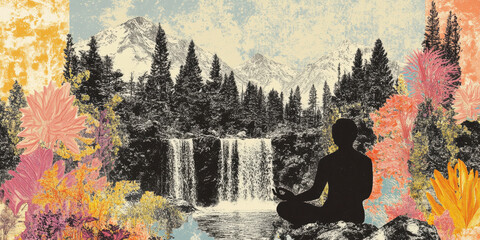 Fototapeta premium Meditative silhouette in a vintage landscape with colorful floral accents and waterfall