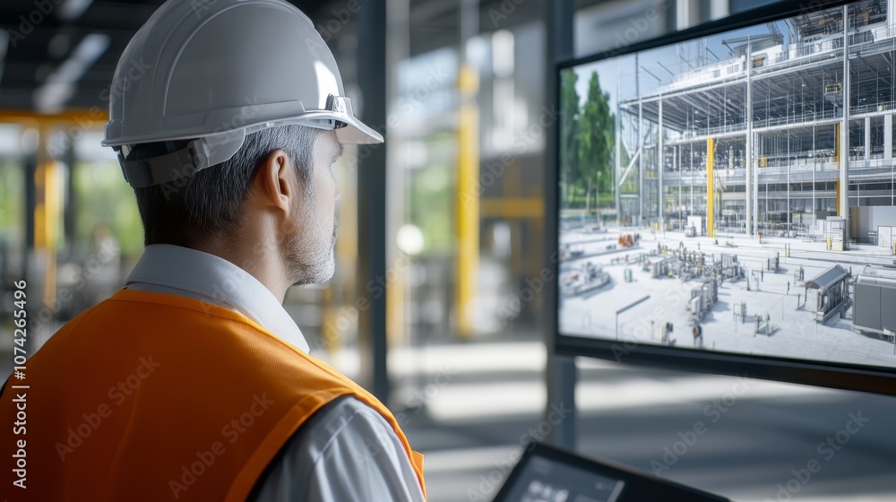Poster a construction worker monitors building progress displayed on a screen, showcasing a modern construc