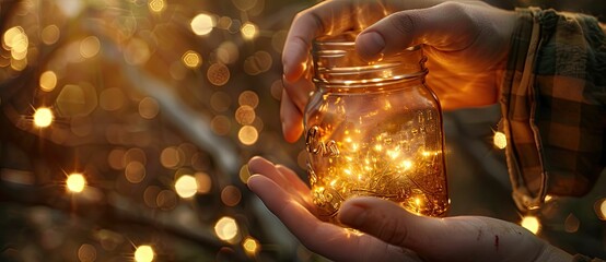 Fototapeta premium Hands holding a jar with fairy lights.