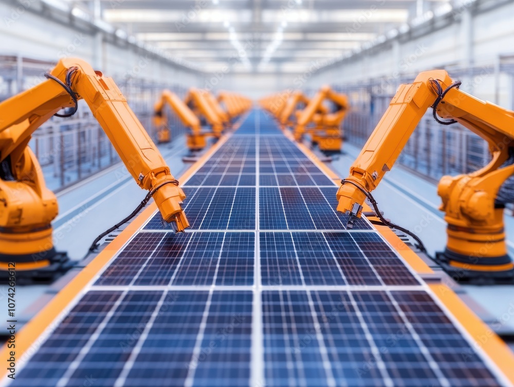 Poster automated robotic arms assembling solar panels in a factory.