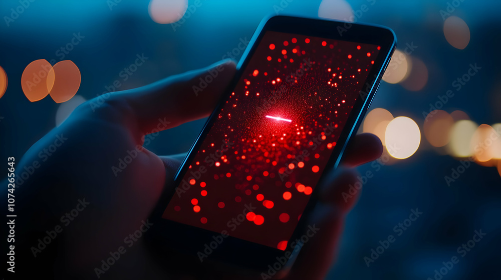 Poster a hand holding a smartphone displaying a vibrant red interface against a blurred background of light