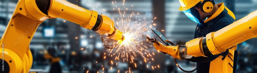 Poster automated robotic arms performing precision welding operation.