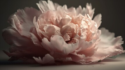 A 3D model of a single peony, with soft pink petals and delicate textures. The background is softly blurred in pastel tones.
