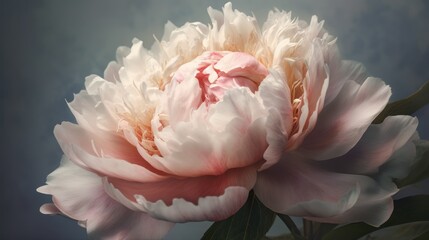 A 3D model of a single peony, with soft pink petals and delicate textures. The background is softly blurred in pastel tones.
