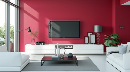 Cabinet for TV in a modern living room set against a white viva magenta wall background, showcasing contemporary design