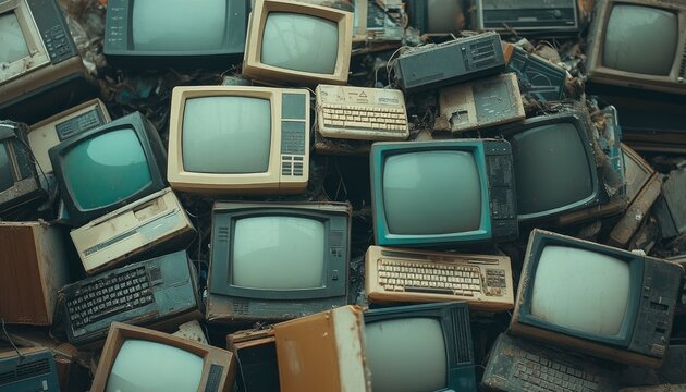 A pile of old CRT televisions and computer keyboards.