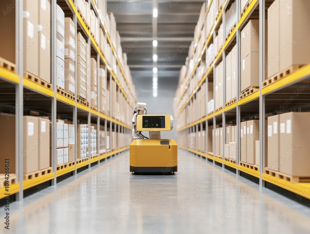 Poster autonomous robot transporting boxes in a modern warehouse aisle.