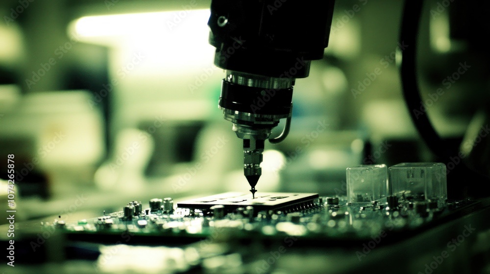 Aufkleber a close-up of a robotic arm placing components on a circuit board in a manufacturing setting.