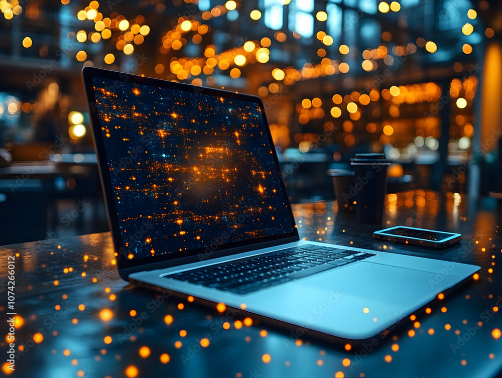 Poster a laptop on a table with glowing lights in the background, creating a vibrant workspace atmosphere.