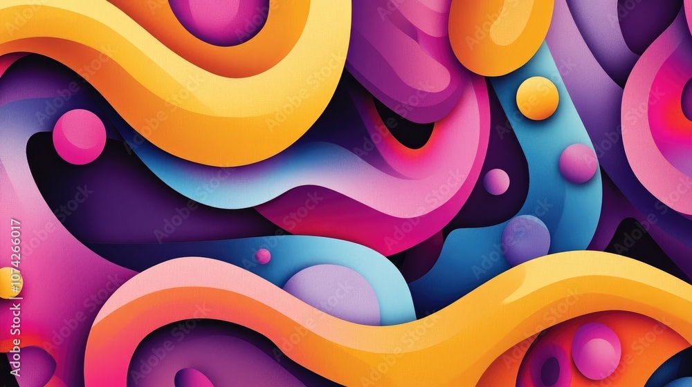 Aufkleber colorful circles create dynamic curved lines in a fluid text design for a vibrant 2d cartoon illustr