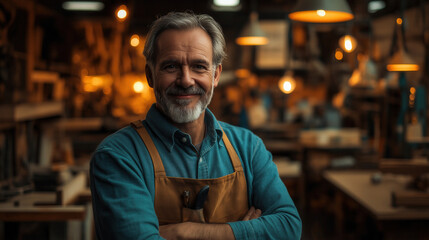 Confident senior artisan in a warm lit workshop with hanging bulbs