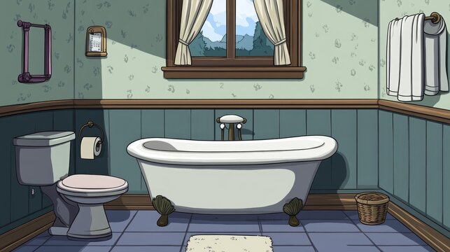 2D cartoon illustration of a bathroom scene