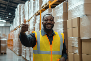 Warehouse worker showing a thumbs up gesture in shipping area packed with boxes