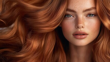 Obraz premium A close-up portrait of a woman with voluminous, shimmering red hair and radiant skin that features natural freckles, exuding beauty and elegance.