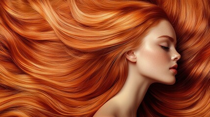 Naklejka premium Woman with silky, flowing hair posing in a modern studio, high gloss finish and sleek style, deep focus --ar 16:9 --quality 2 --stylize 250 --v 6.1 Job ID: 47270704-71d2-4f4f-b1fa-946a67e4c395