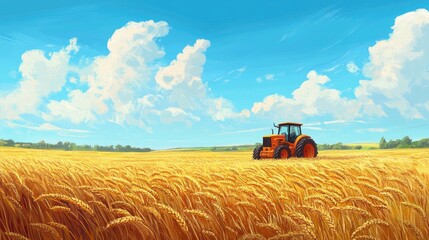 Fototapeta premium Tractor in a wheat field under a summer sky surrounded by nature showcasing agricultural practices and the beauty of the landscape