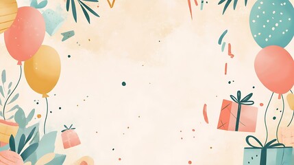 Birthday card template with a pastel background and hand-drawn gift boxes, balloons, and streamers, creating a cheerful and inviting design