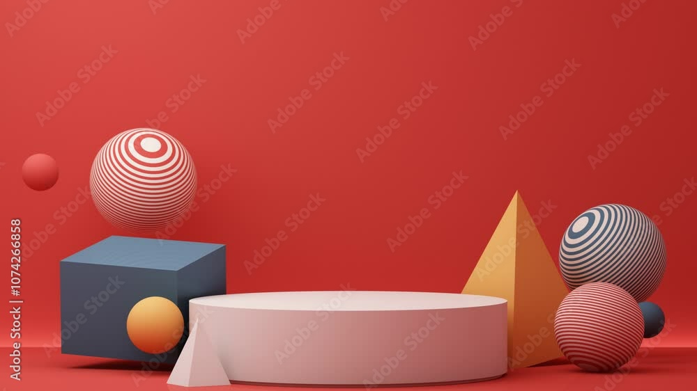 Poster video geometric shape podium for product display or cosmetics. 4k 3d rendering looping video on red 