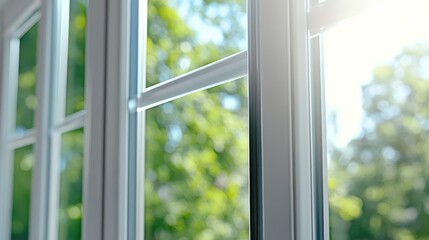 Fototapeta premium A bright, sunlit window opened to a lush green landscape, inviting fresh air and natural light into the space.