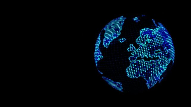 Digital planet earth spinning, world maps rotating animation in blue wireframe style suitable for presentation background about futuristic technology, cyberspace, sci fi, and networking.