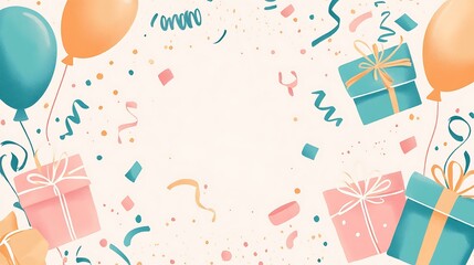 Birthday card template with a pastel background and hand-drawn gift boxes, balloons, and streamers, creating a cheerful and inviting design