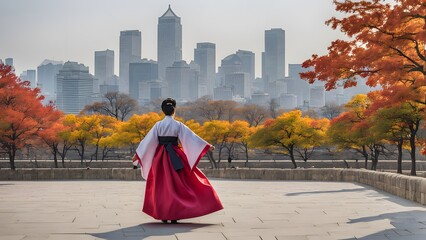 Fototapeta premium South korea a traditional hanbok dress worn by people walking through gyeongbokgung palace, Ai Generated