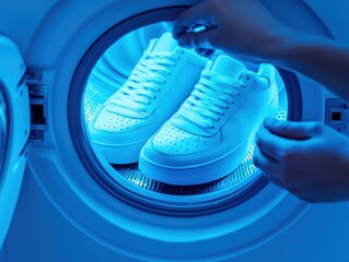 Bright sneakers in a washing machine, showcasing vibrant colors.