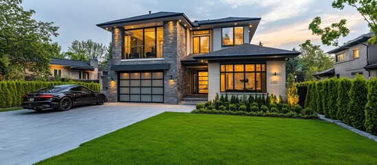 Modern suburban house with a well-manicured lawn, large windows, and a driveway with a luxury car parked, 