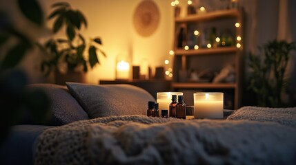 Obraz premium Cozy Bedroom with Candles and Essential Oils