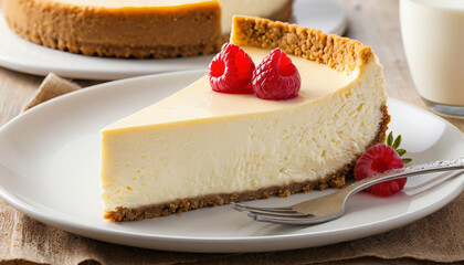 Slice of  classic cheesecake topped with berries. Suitable for marketing or business purposes. Panoramic banner with place for text