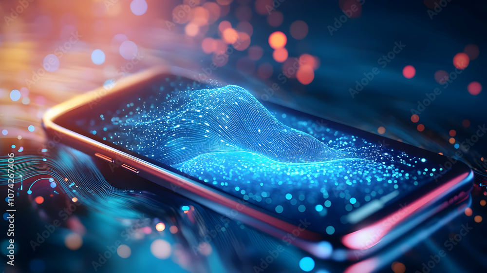 Poster a modern smartphone displaying vibrant digital waves and particles in a captivating technological am