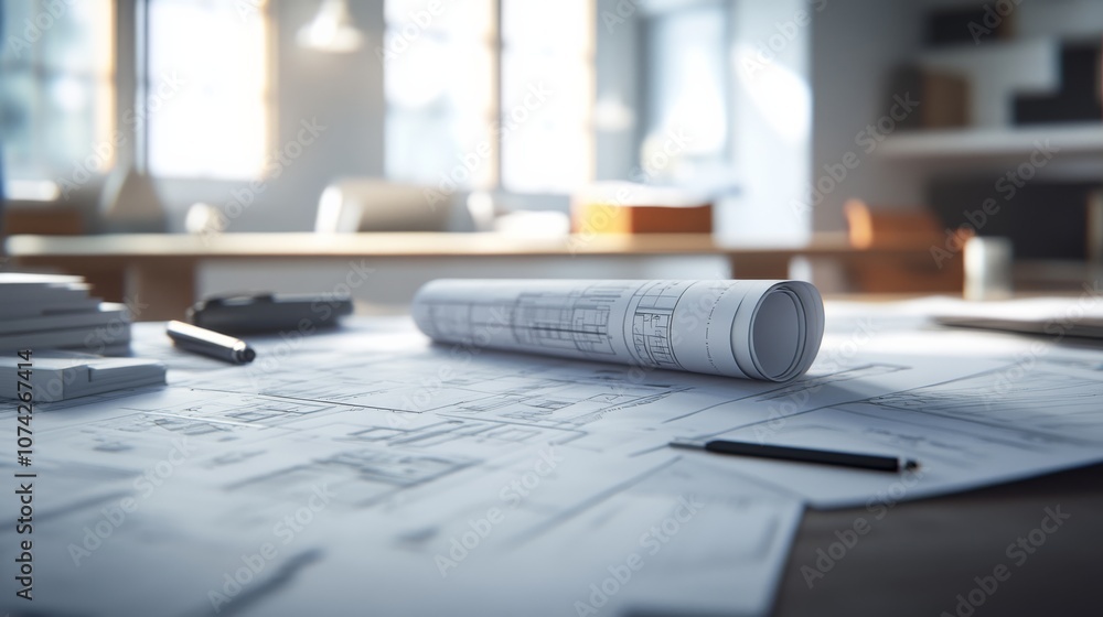 Poster a close-up view of architectural blueprints and rolled plans on a working desk, illuminated by natur