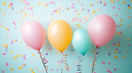 Decorative birthday card background with pastel-colored balloons, streamers, and a subtle confetti pattern