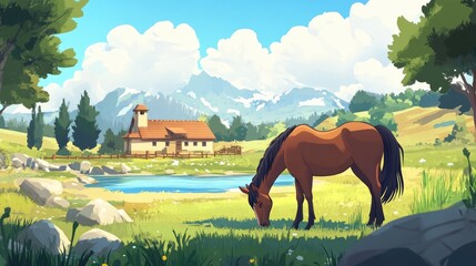 Cartoon horse grazing on a farm