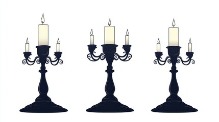 Three armed candlestick or candle holder 2D cartoon illustration featuring the silhouette of a classic vintage style candle holder on a white background